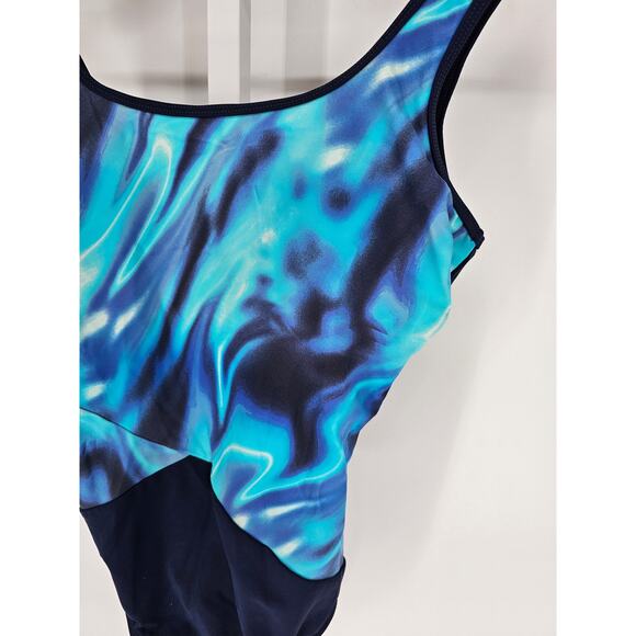 Lands End Womens Sz 6P Petite One Piece Swimsuit Athletic Blue Black Print - Picture 2 of 5
